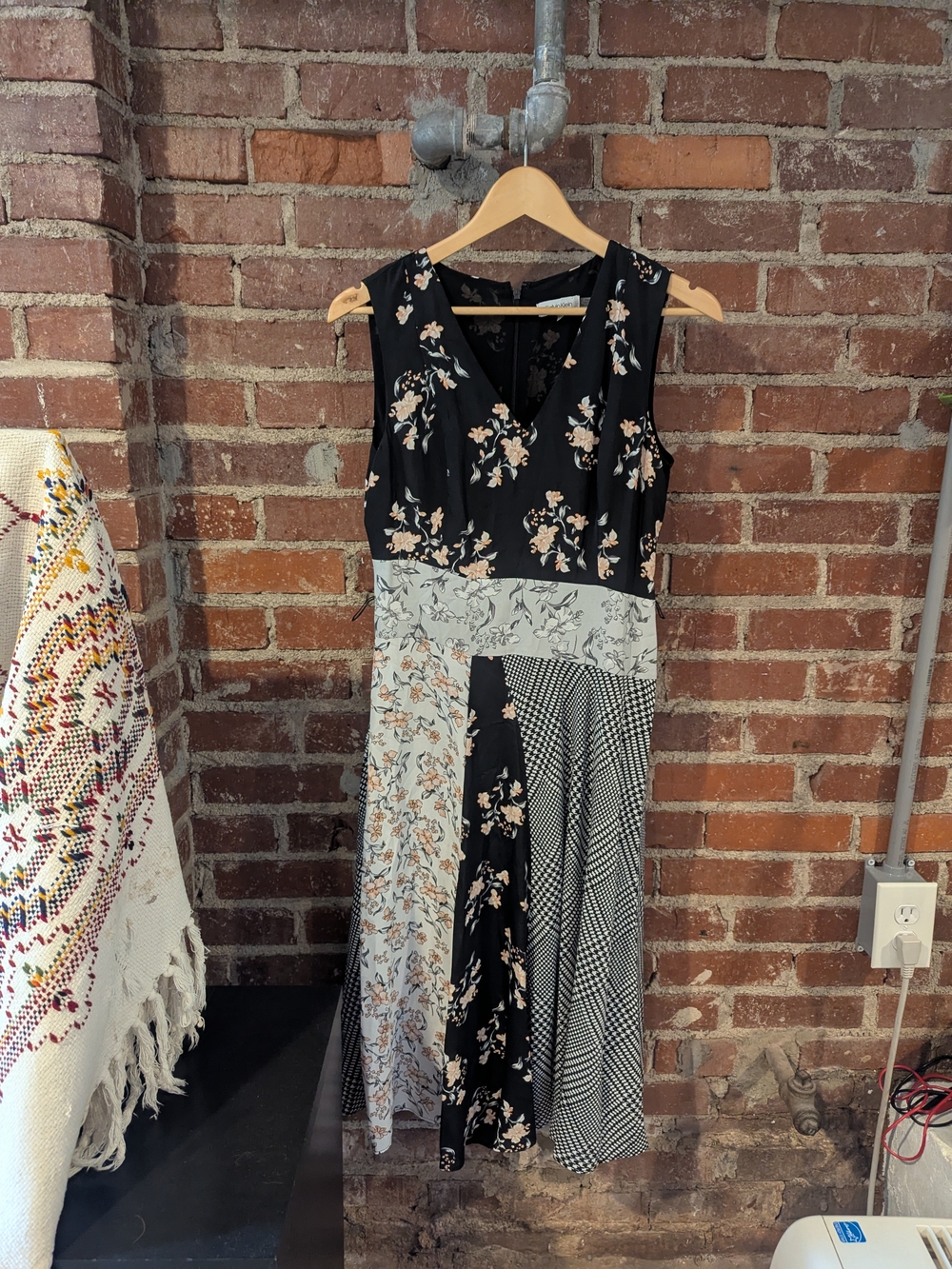 Calvin Klein Black and Cream Patchwork Floral Midi Dress